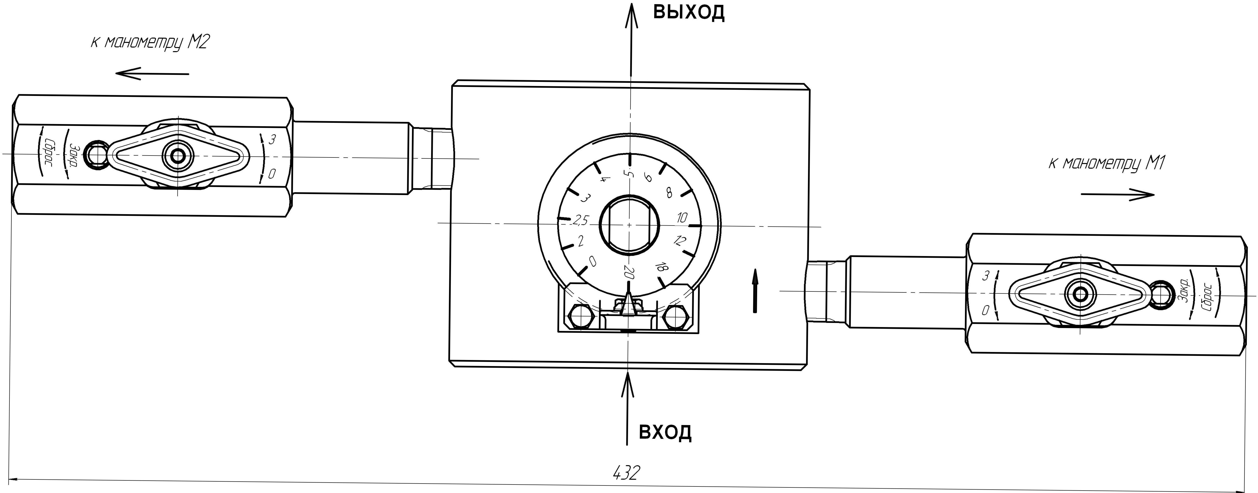 Вид штуцера ШДР 9М с манометрическими вентилями со стороны показывающего лимба Штуцер дискретный ШДР 9М. Фонтанная арматура. Чертеж.